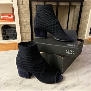 New Eileen Fisher Croft Open Toe Knit Bootie Navy Blue Women's size 7